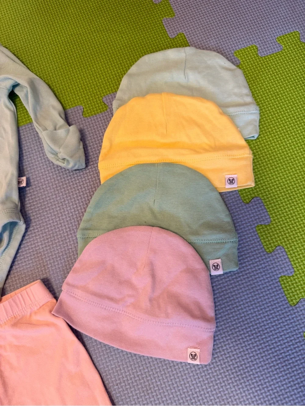 Baby Long-Sleeve Bodysuits and Leggings Set with pastel hats